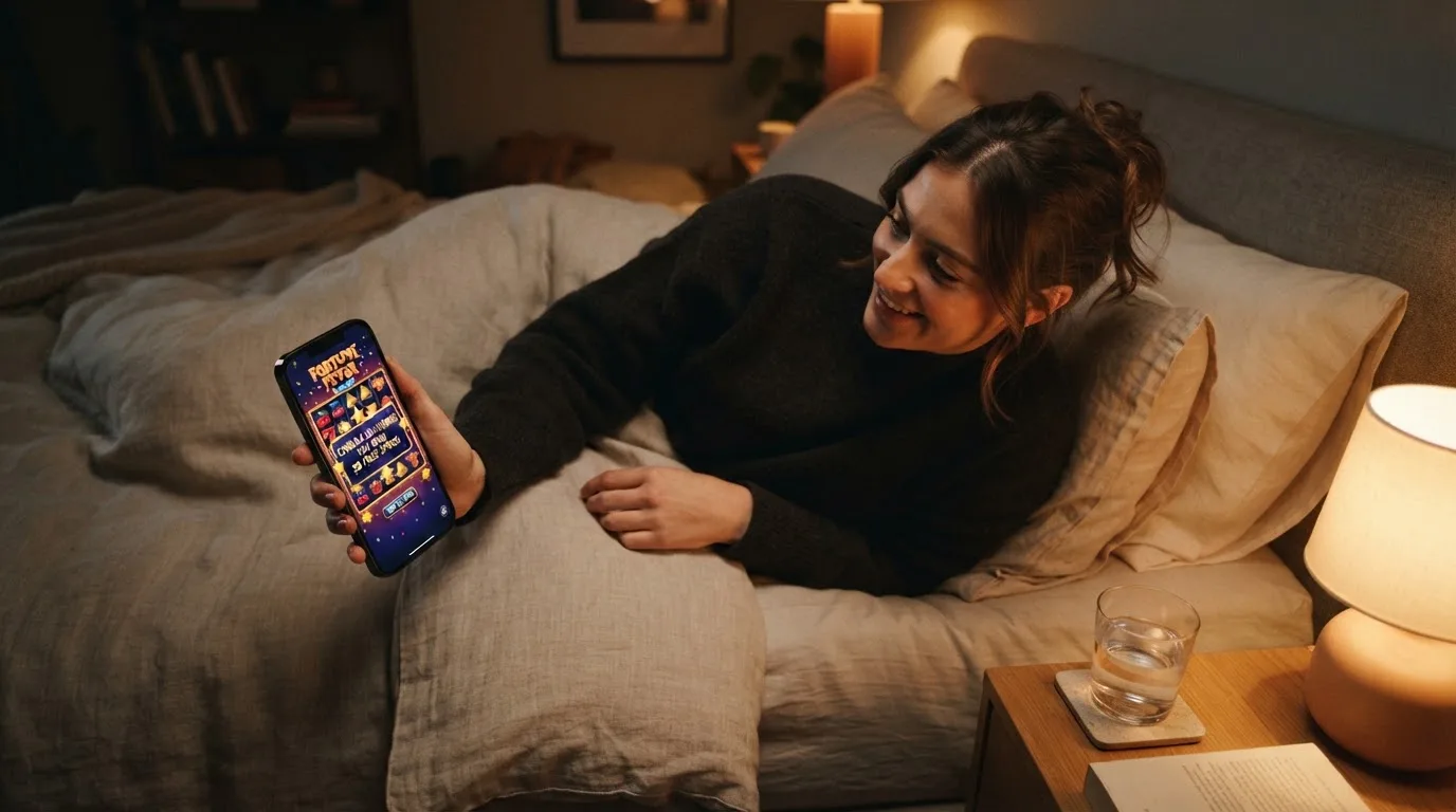 Žena na posteli drží telefon oběma rukama a sleduje hru na displeji večer.