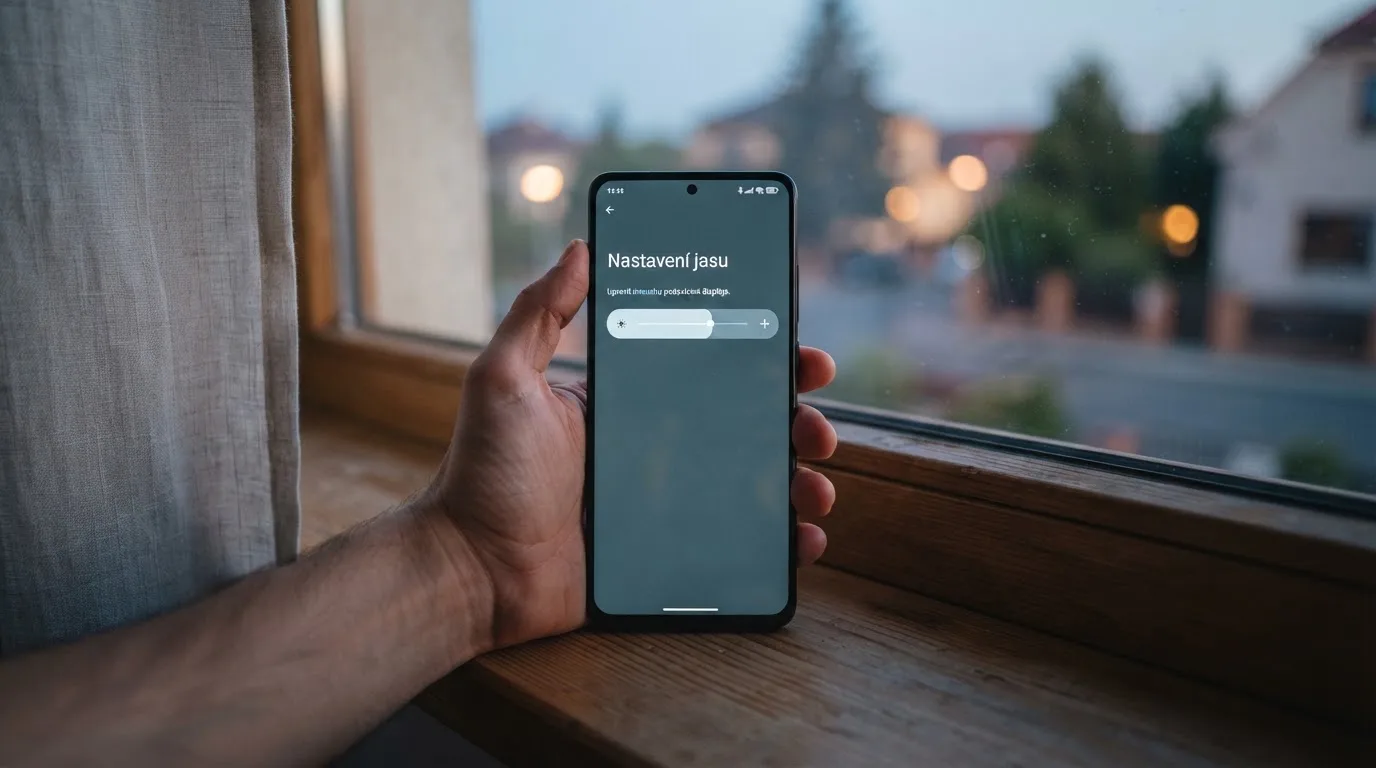 Ruka drží chytrý telefon u okna, klidné večerní světlo — bezpečné zahraniční casino pro české hráče