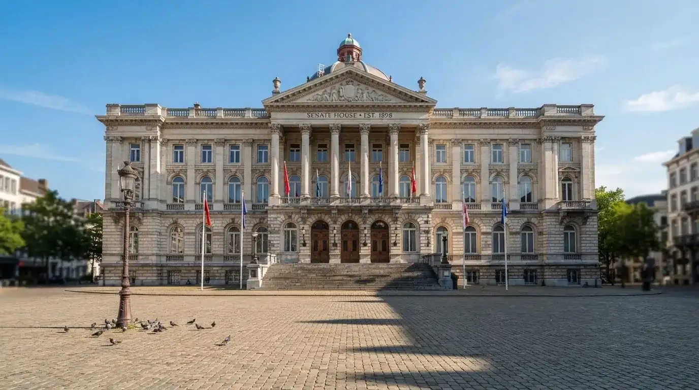 Historická úřední budova s vlajkami na slunečném náměstí — casina bez nutnosti vkladu s bonusem