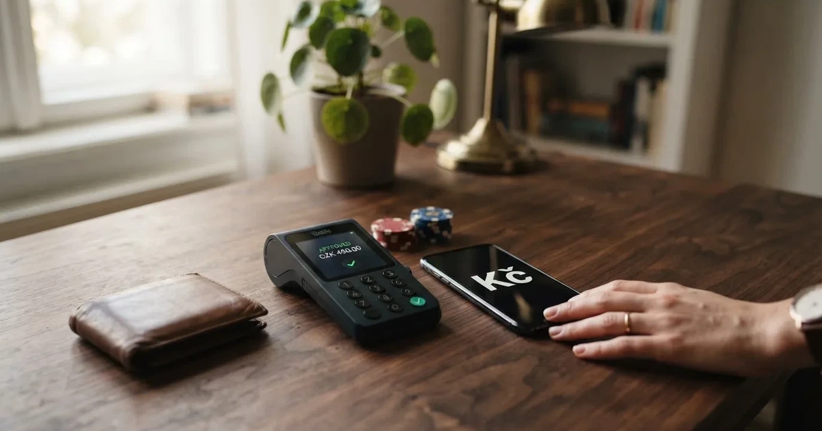 Platební terminál a telefon na dřevěném stole vedle peněženky — casina online bez ověření totožnosti
