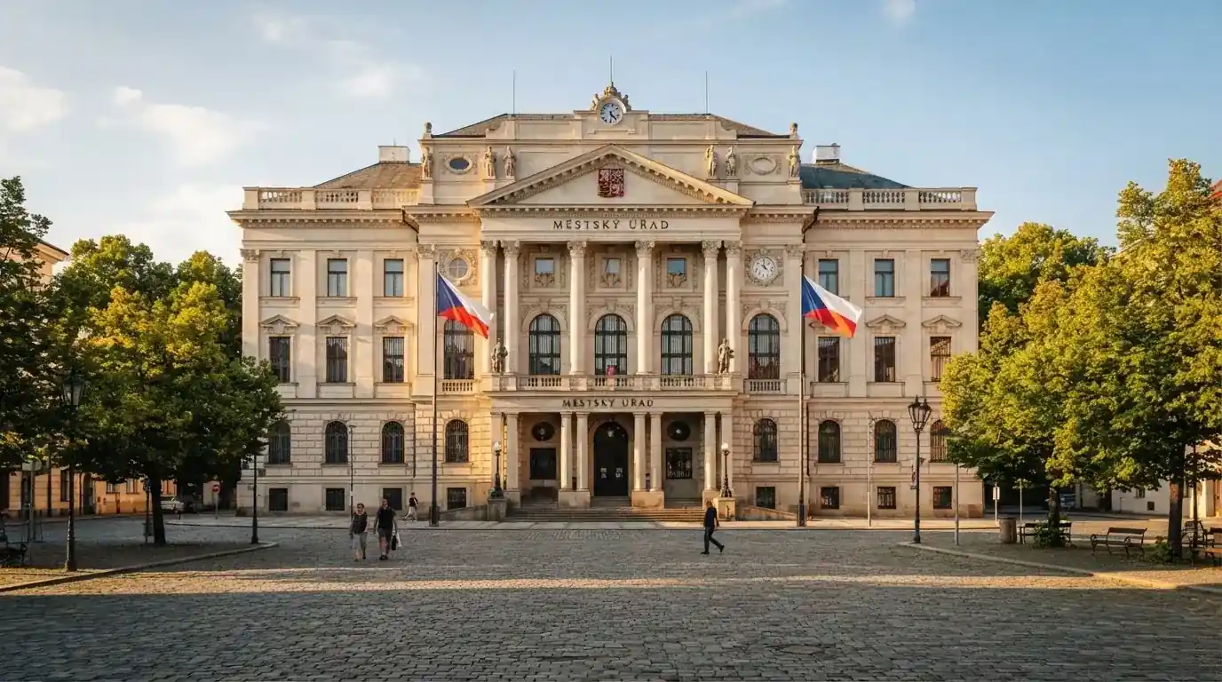 Historická úřední budova s vlajkami na slunečném náměstí — casina online bez ověření totožnosti