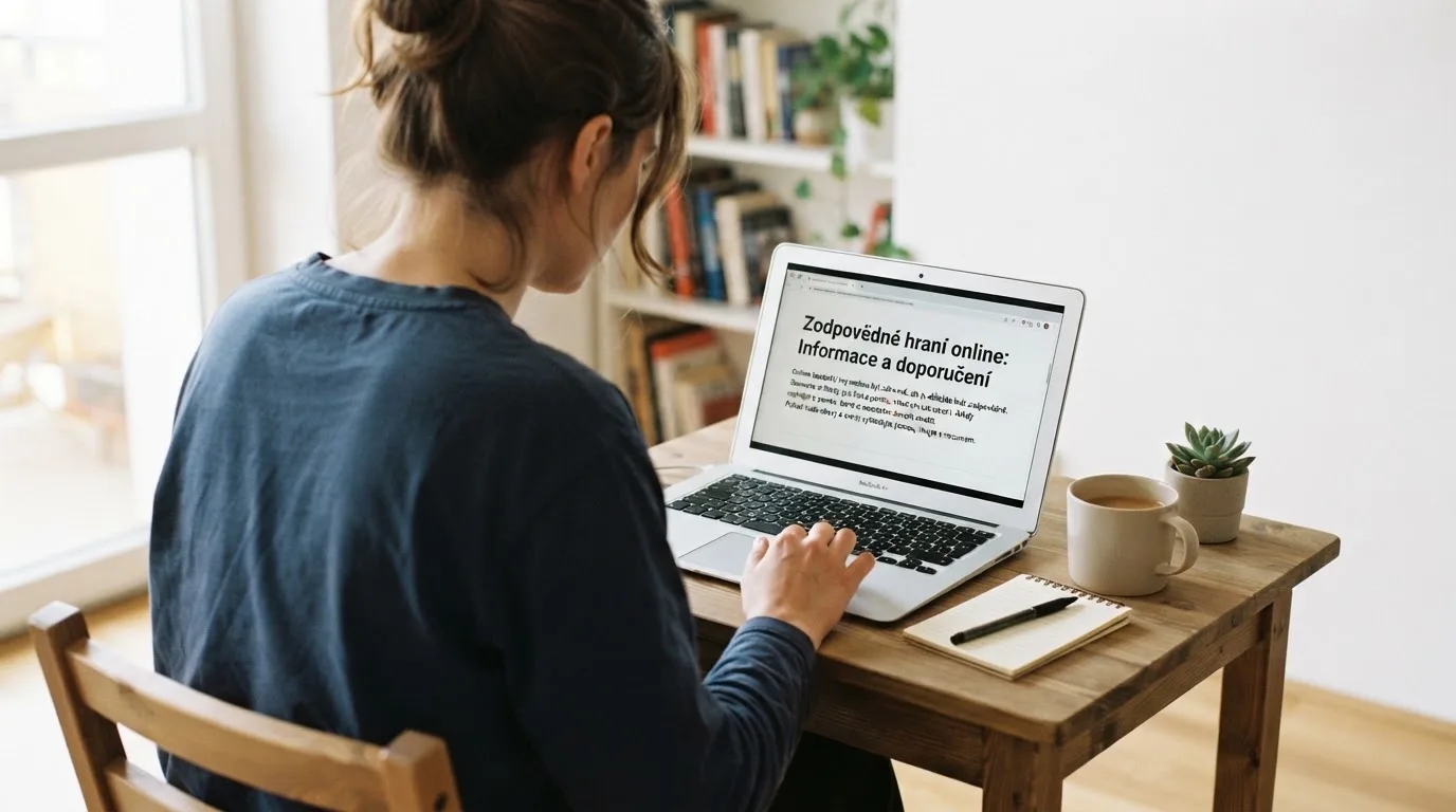 Člověk u notebooku čte informační stránku o online hazardu v Česku — casina online bez ověření totožnosti