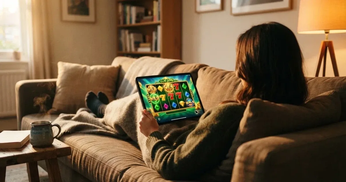 Hráč na gauči s tabletem, šálek kávy na stolku, teplé světlo — casina promo kód bez vkladu