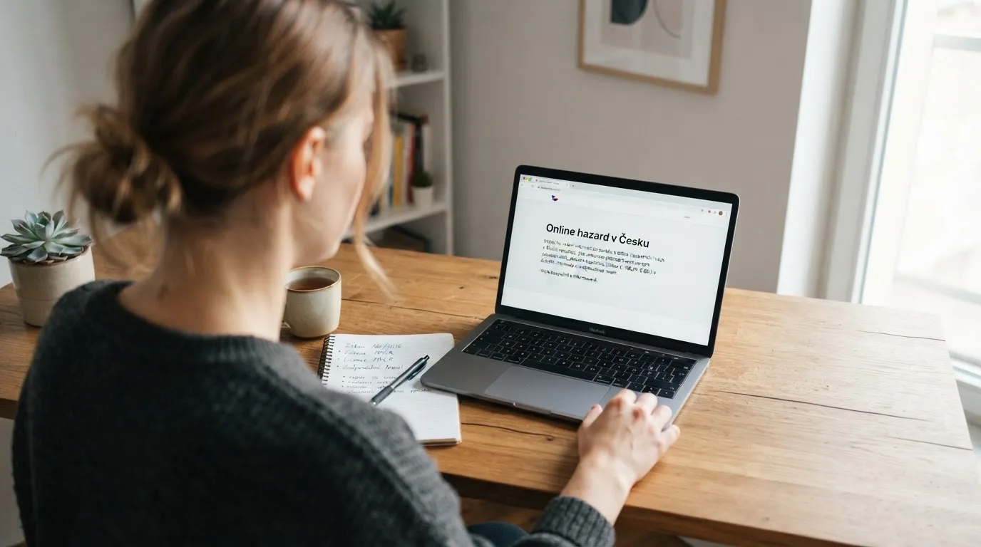 Člověk u notebooku čte informační stránku o online hazardu v Česku — casina promo kód bez vkladu