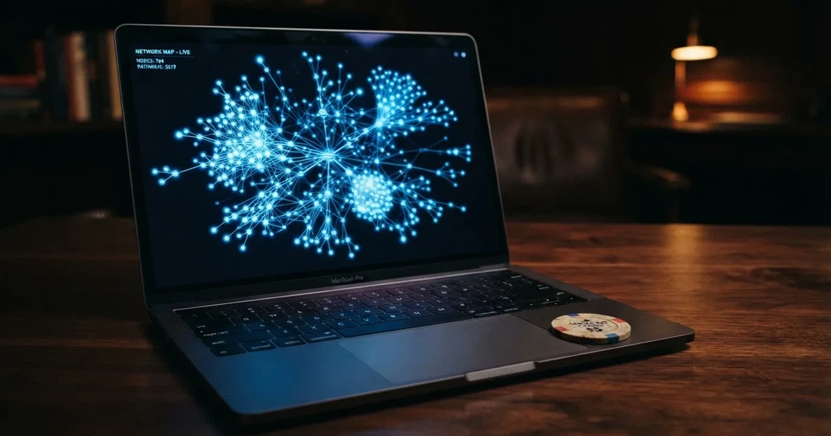 Detailní záběr na digitální síť propojených bodů svítících na tmavé obrazovce počítače.
