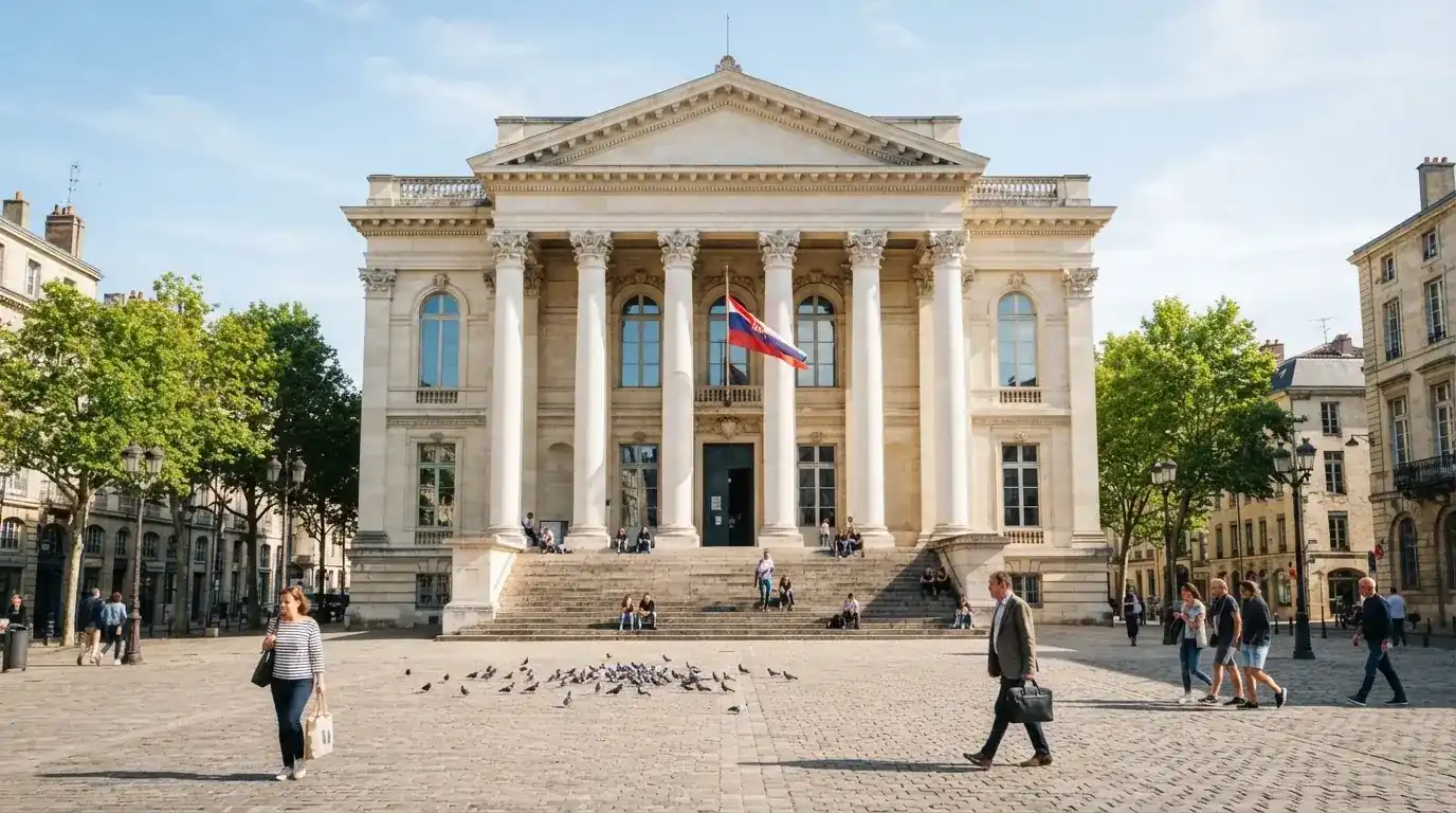 Kamenná budova se sloupy a vlajkou stojí na náměstí za slunečného dne.
