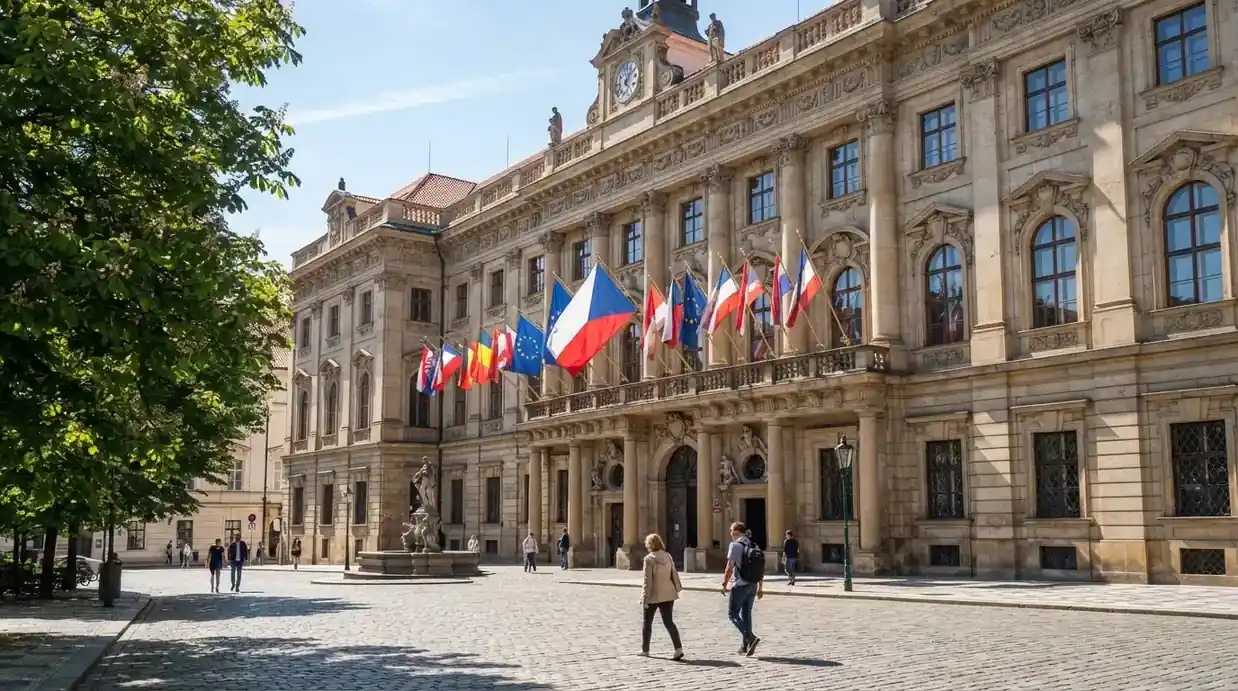 Historická úřední budova s vlajkami na slunečném náměstí — casino minimální vklad 1, 5, 10 euro