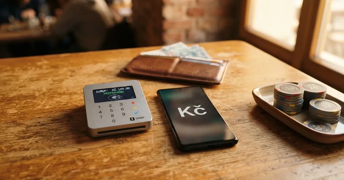 Platební terminál a telefon na dřevěném stole vedle peněženky — casino minimální vklad 100 kč