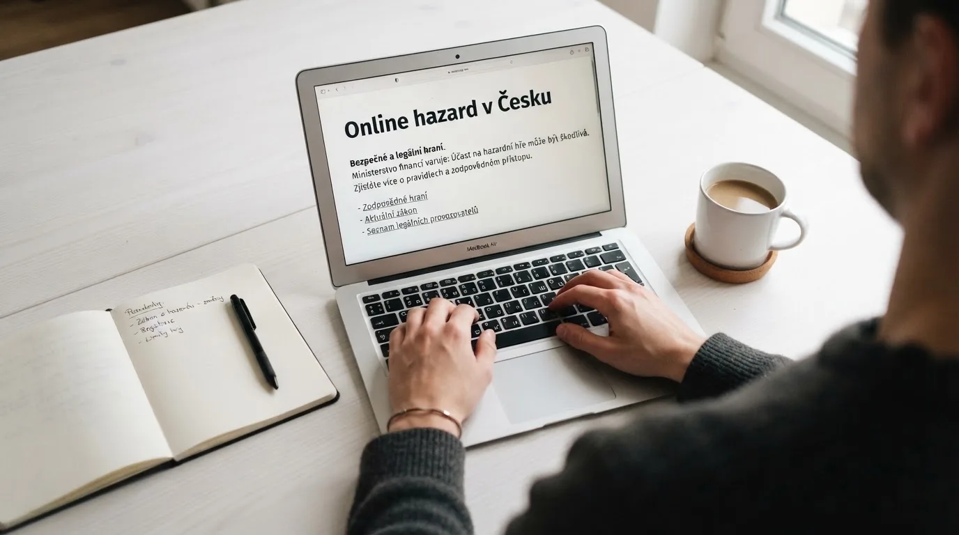 Člověk u notebooku čte informační stránku o online hazardu v Česku — casino minimální vklad 100 kč