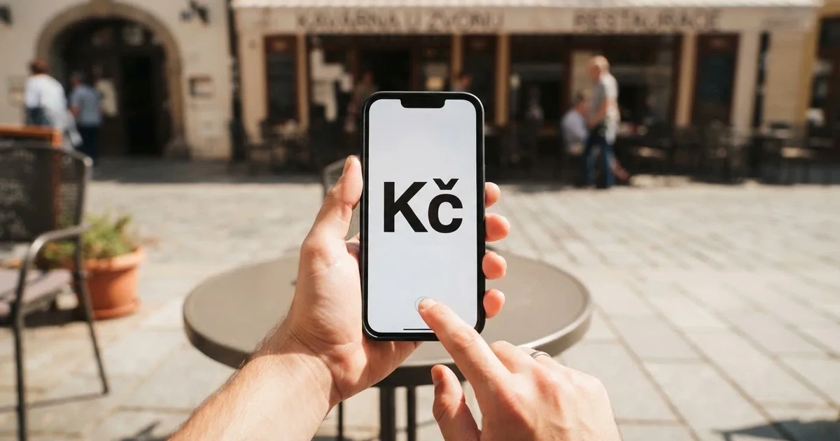 Ruka odesílá platbu mobilním bankovnictvím na chodníku před kavárnou v poledním slunci.