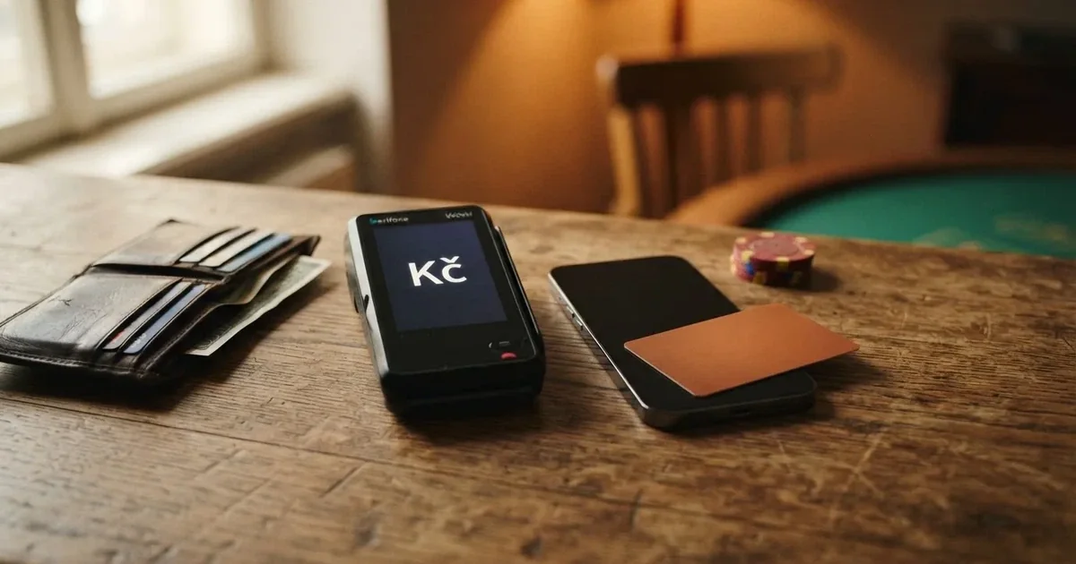 Platební terminál a telefon na dřevěném stole vedle peněženky — casino platba paysafecard