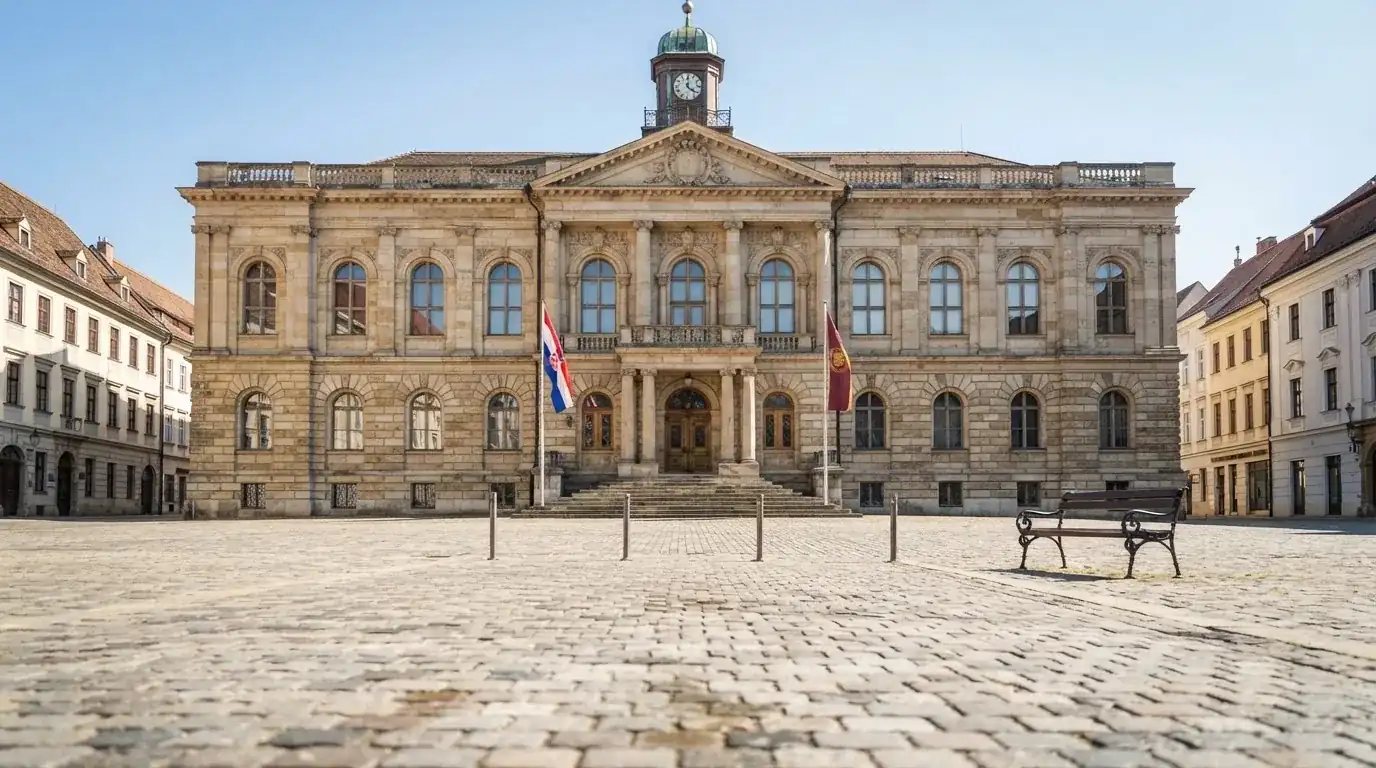 Historická úřední budova s vlajkami na slunečném náměstí — casino platba paysafecard