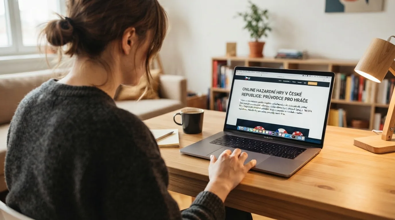 Člověk u notebooku čte informační stránku o online hazardu v Česku — casino platba paysafecard