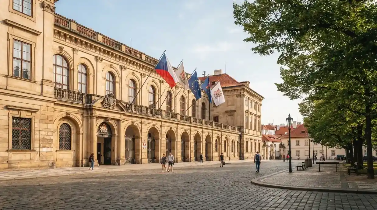 Historická úřední budova s vlajkami na slunečném náměstí — hrací automaty hrací automaty zdarma online