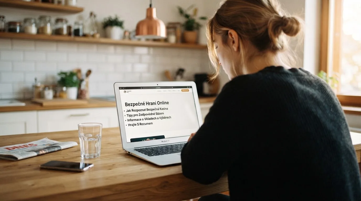 Člověk u notebooku čte informační stránku o online hazardu v Česku — hrací automaty hrací automaty zdarma online