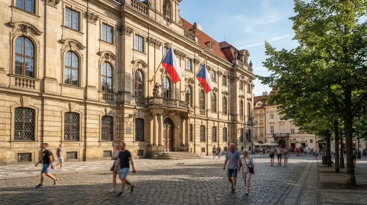 Historická úřední budova s vlajkami na slunečném náměstí — hrací automaty zdarma ke stažení