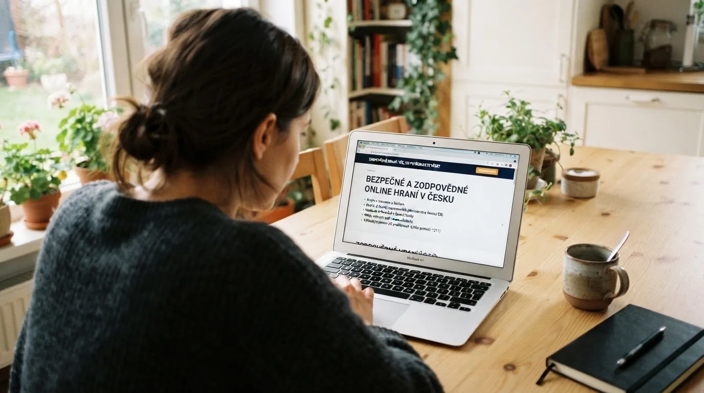 Člověk u notebooku čte informační stránku o online hazardu v Česku — hrací automaty zdarma ke stažení