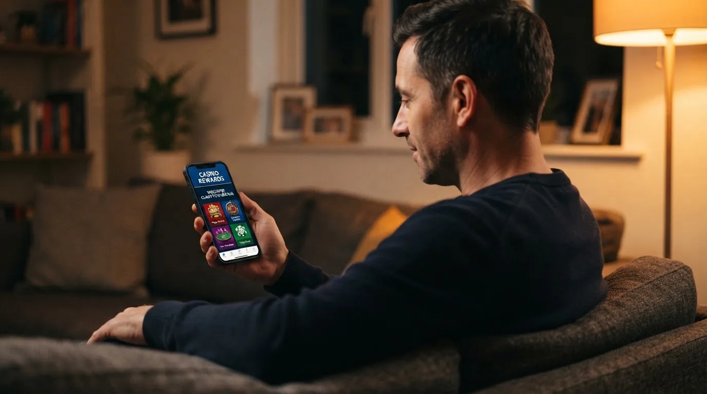Muž sedí na gauči a poprvé otevírá aplikaci na chytrém telefonu večer.