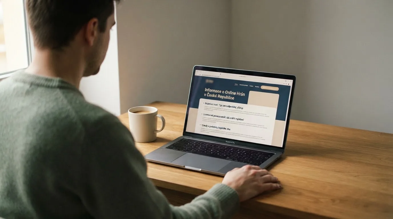 Člověk u notebooku čte informační stránku o online hazardu v Česku — nejlepší automaty online za peníze