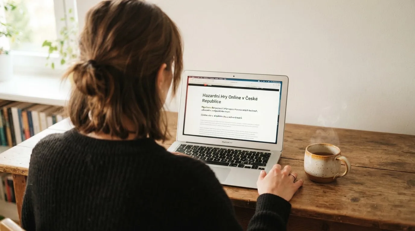 Člověk u notebooku čte informační stránku o online hazardu v Česku — nejlepší live casino CZ