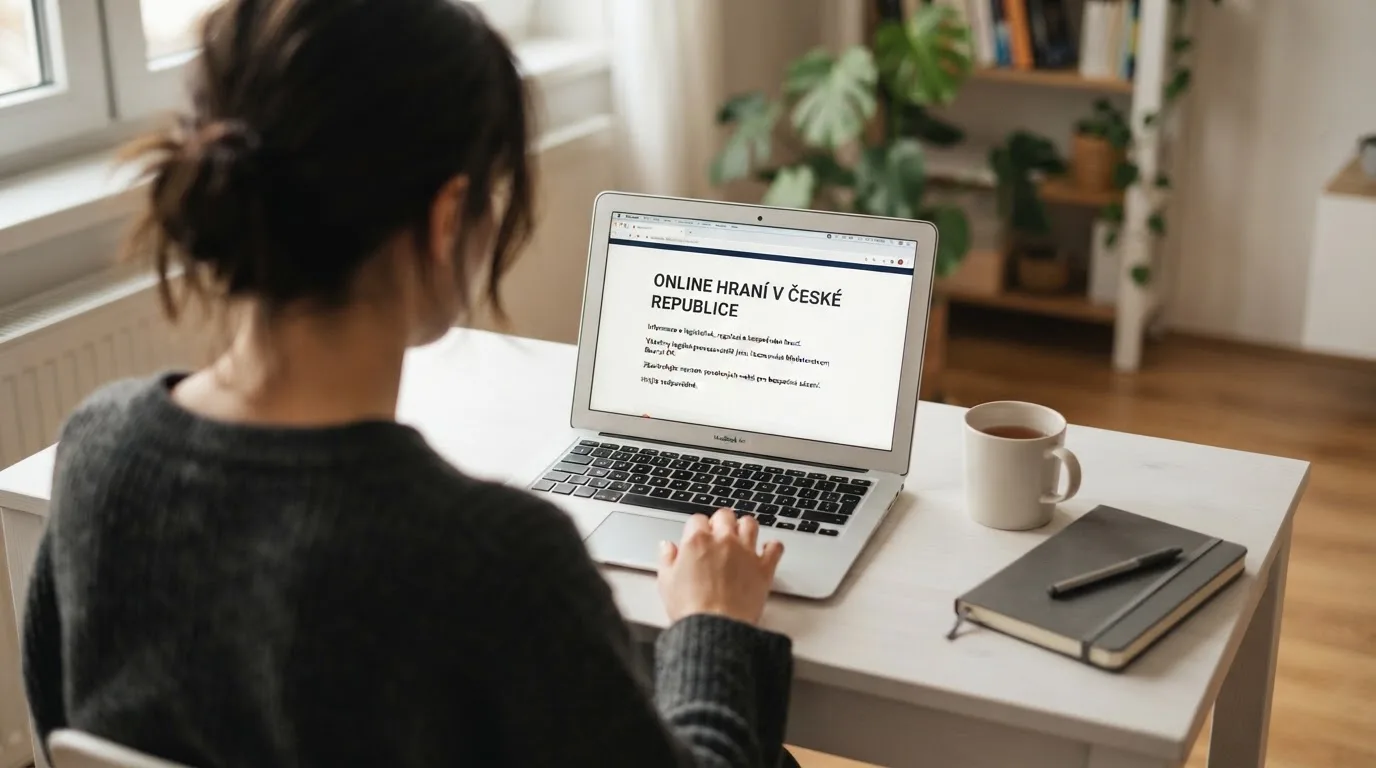 Člověk u notebooku čte informační stránku o online hazardu v Česku — nejlepší online casino CZ