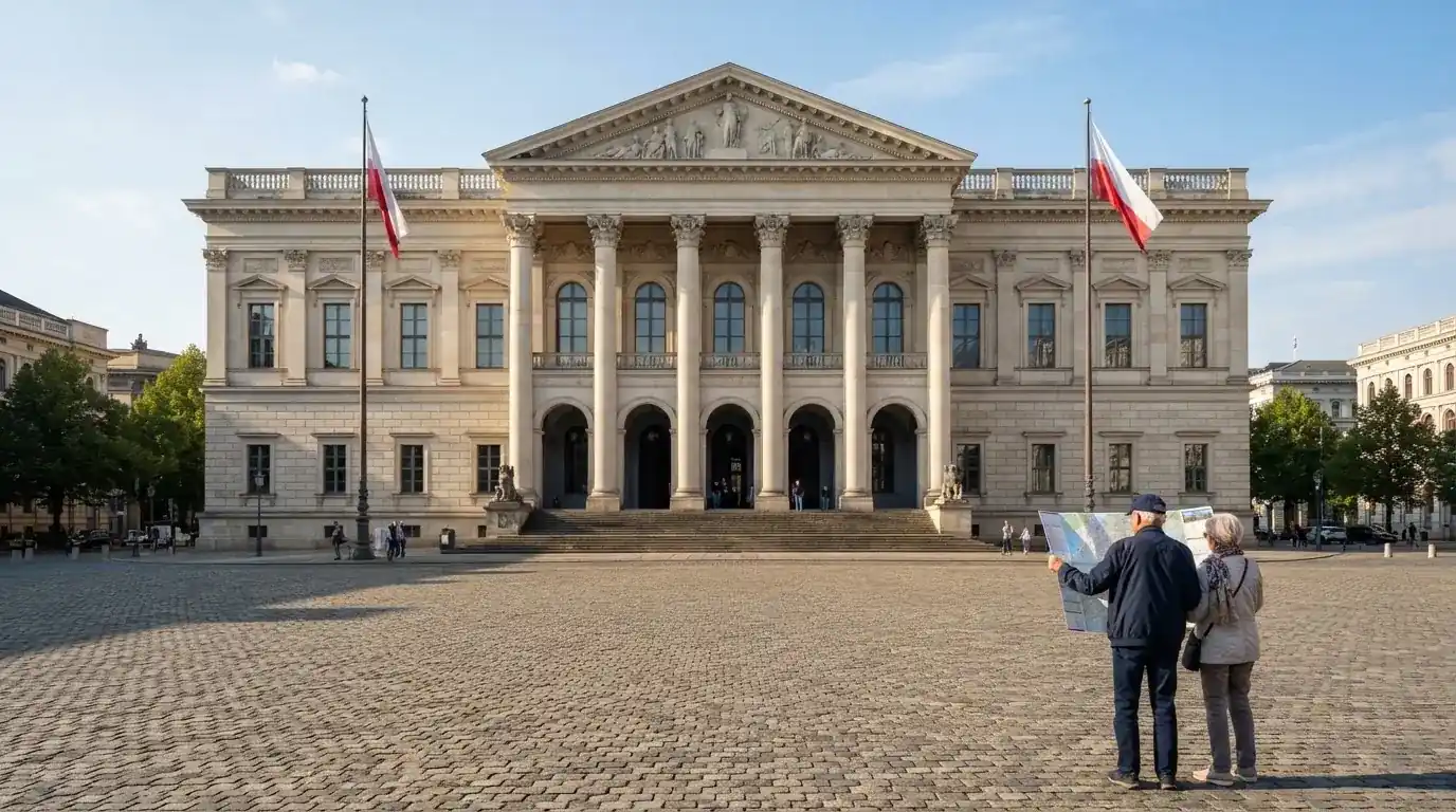 Historická úřední budova s vlajkami na slunečném náměstí — nejlepší online casino s vkladem přes bitcoin