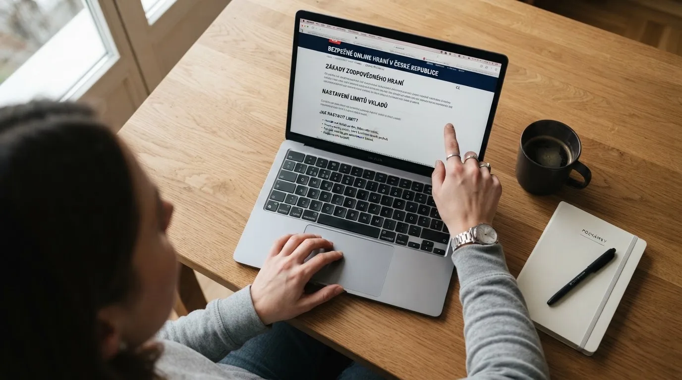 Člověk u notebooku čte informační stránku o online hazardu v Česku — nejlepší online casino za peníze